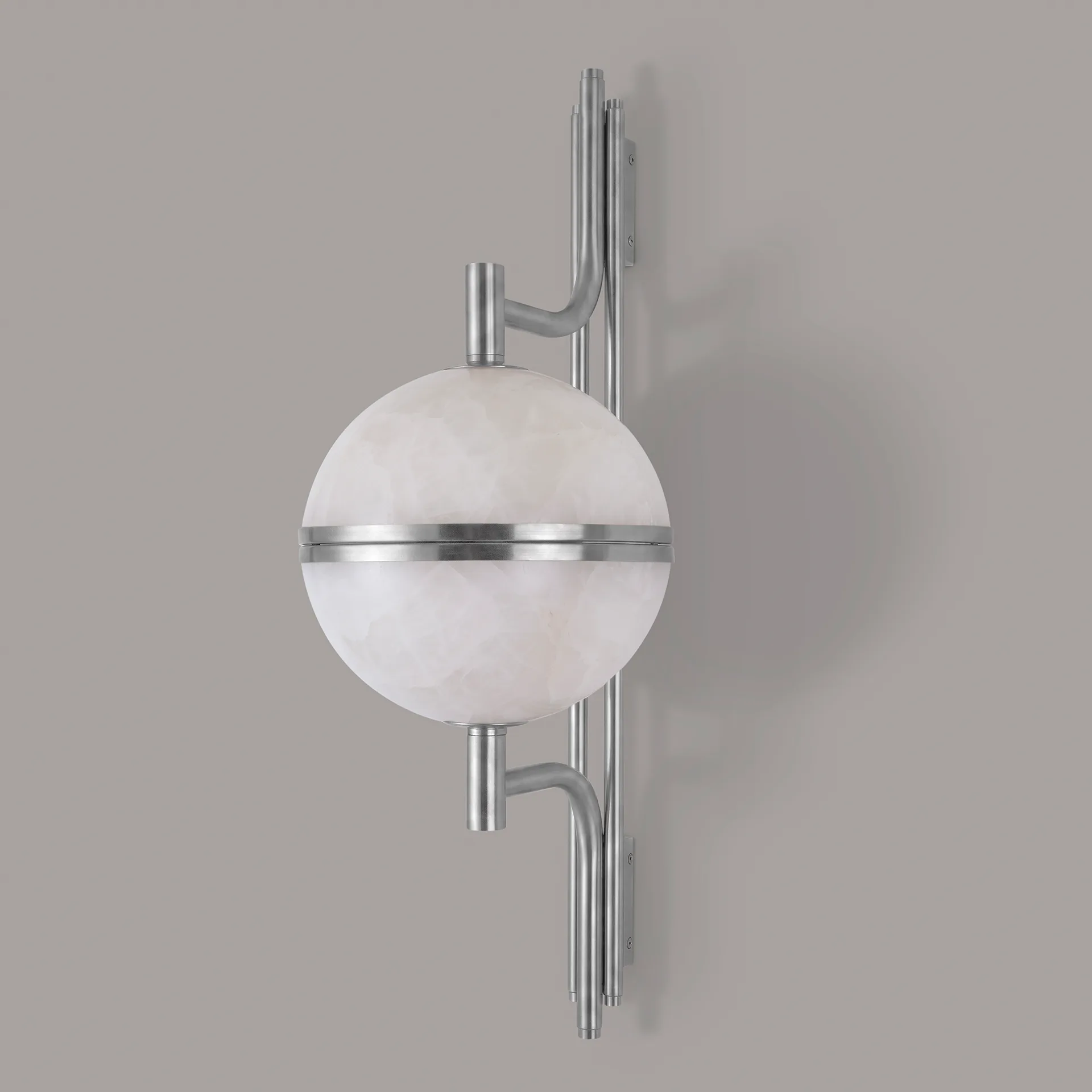 Andros 3 A clean, frontal profile view, identical in composition to image_5.png but featuring the Andros wall lamp. This image presents the lamp with a bright, reflective silver metal, replacing the aged brass, giving the fixture a cooler, more modern aesthetic against the grey background. The central white alabaster remains the focus.