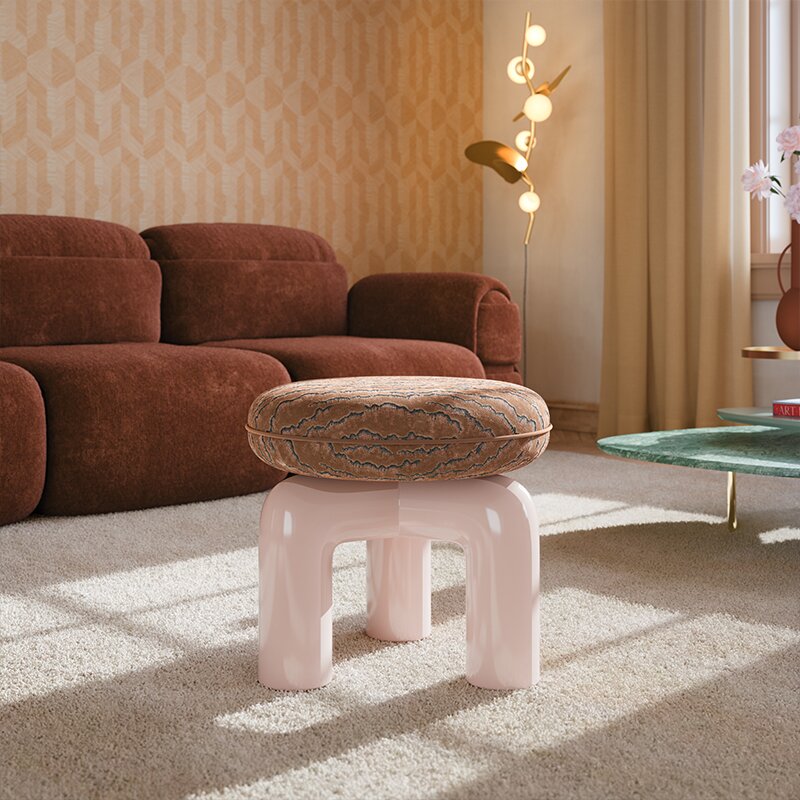 Almond II Pendant Lamp Modern living room interior featuring a stylish, patterned stool with a glossy pink base, a brown plush sofa, and the Almond II pendant lamp by Creativemary glowing softly in the background.