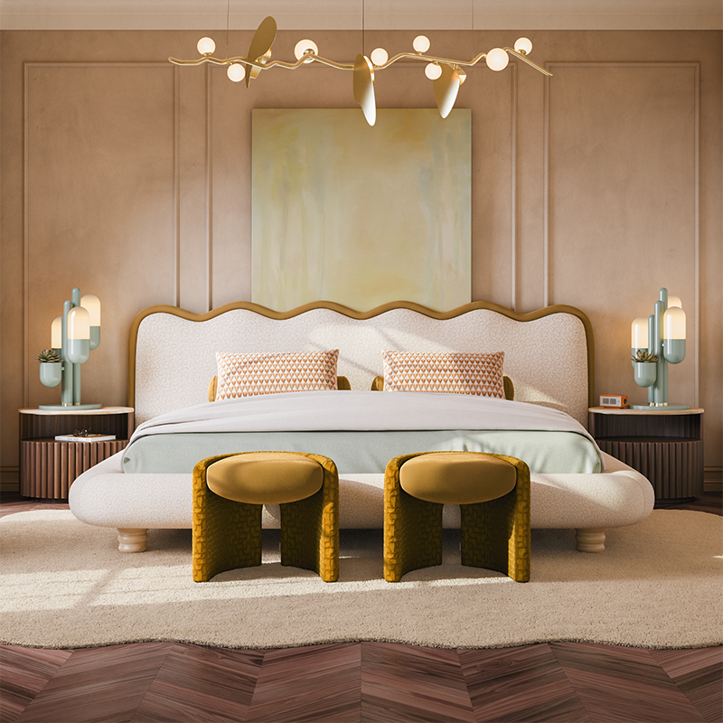 Almond Suspension Lamp Almond suspension light by creativemary in a luxurious, warm-toned bedroom with a contemporary bed, ochre stools, and the unique cactus table lamps.