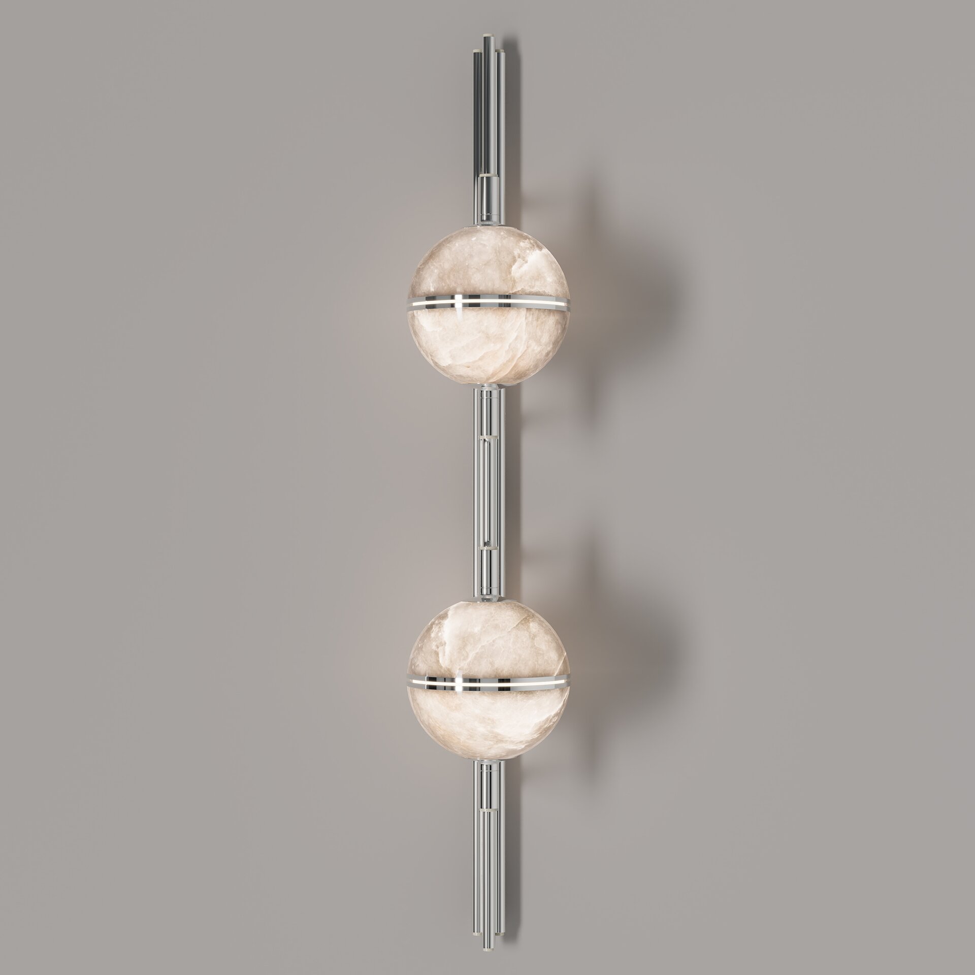 Andros II Wall Lamp Front view of the andros ii wall lamp in a polished nickel or silver-toned finish with lit alabaster spheres (alternative finish option).