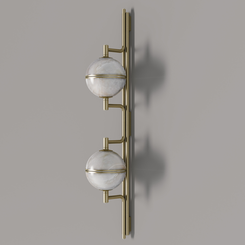 Side view of the andros ii wall lamp, unlit, showcasing the natural veining of the alabaster globes and the sleek brushed brass hardware.