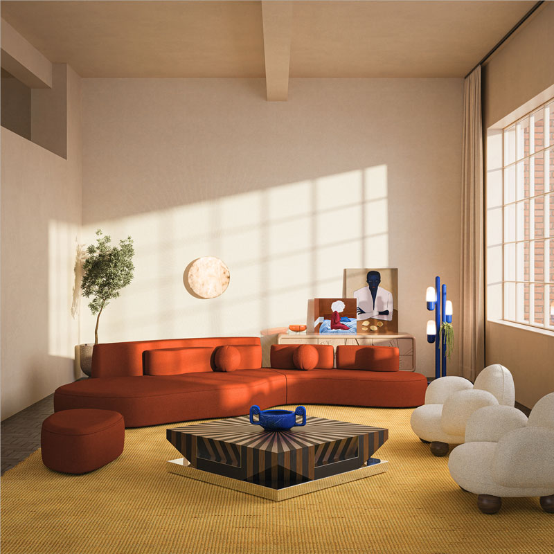 Cactus floor lamp with navy blue lacquer in an artsy living room with bold colors, featuring a red sofa and a striped marquetry center table.