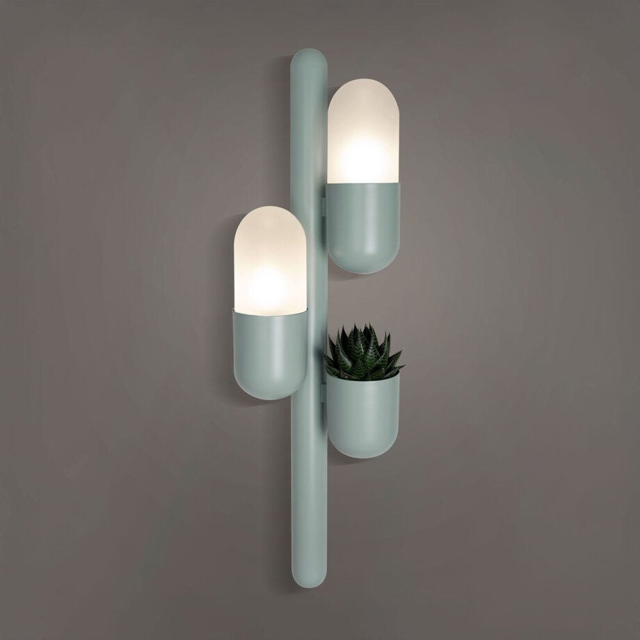 Cactus wall lamp lacquered in cement gray, featuring opal glass and a succulent plant, with the lights turned on.
