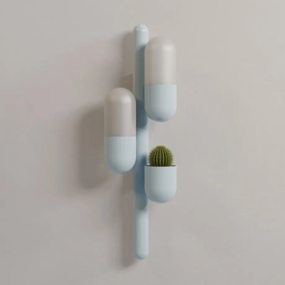 Cactus wall lamp with its two lights turned off, lacquered in pale sky with white glass shades. The piece also features a succulent round plant.