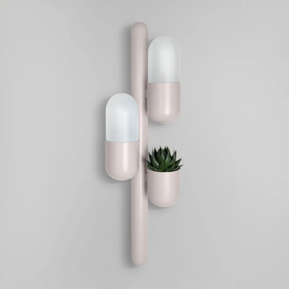 Cactus wall lamp lacquered in rose beige, featuring opal glass and a succulent plant, with the lights turned off.