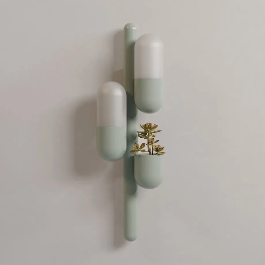 Cactus wall lamp with its two lights turned off, lacquered in cement grey with white glass shades. The piece also features a succulent round plant.