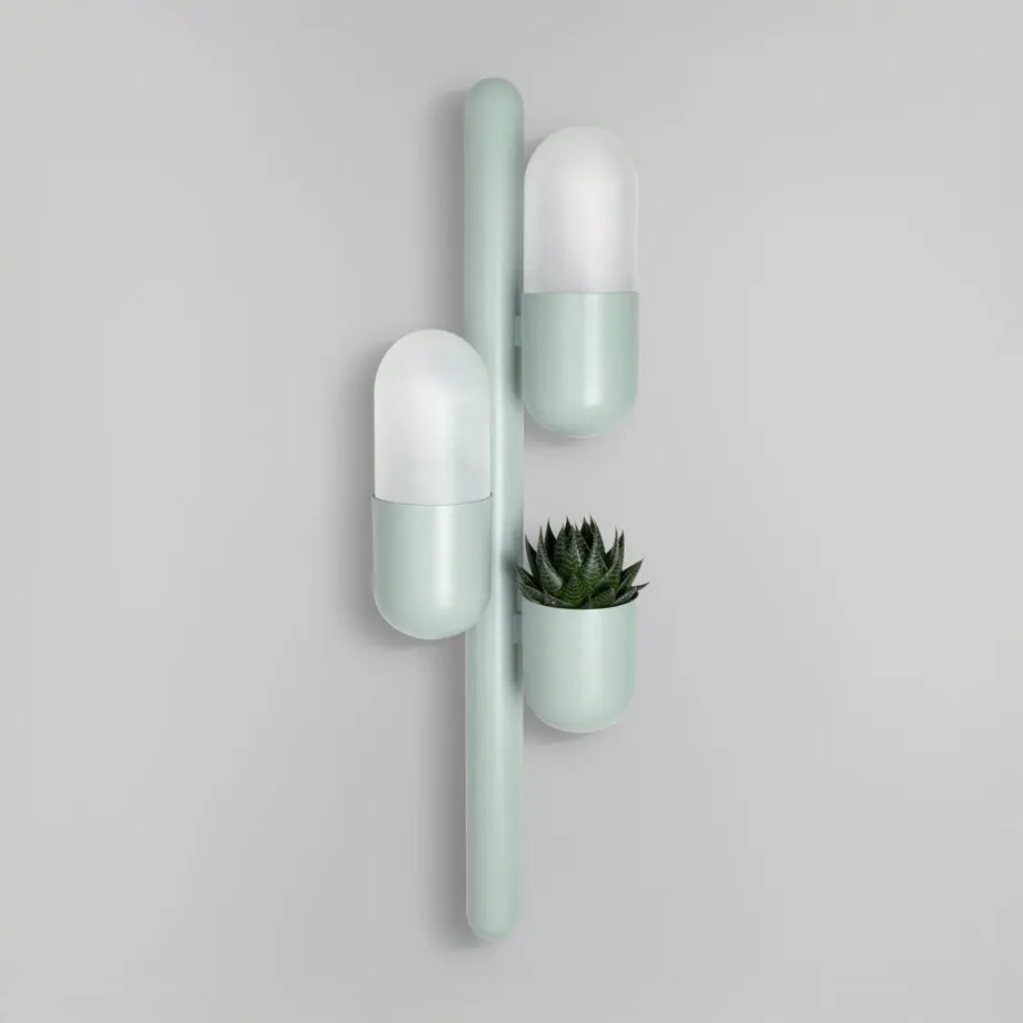 Cactus wall lamp lacquered in cement gray, featuring opal glass and a succulent plant, with the lights turned off.