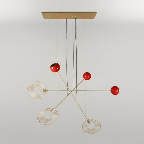 A direct front view of the creativemary melrose suspension lamp, but with a different color combination. This version features glossy red spherical shades paired with three brushed brass wireframe discs.