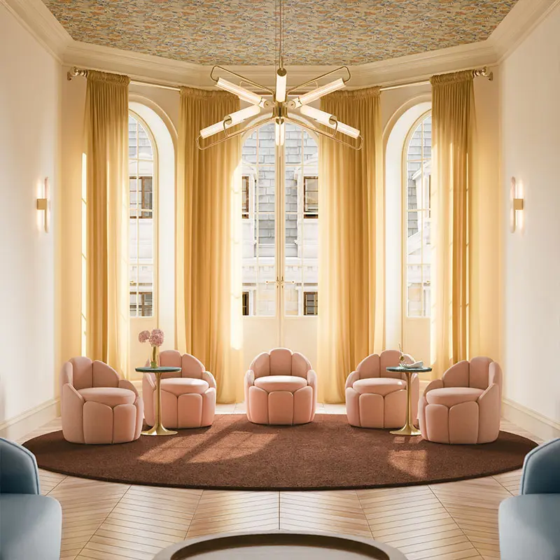 Miami i suspension and dahlia wall lamp in a parisian-style room, accompanied by five julie stools near large windows with yellow curtains.